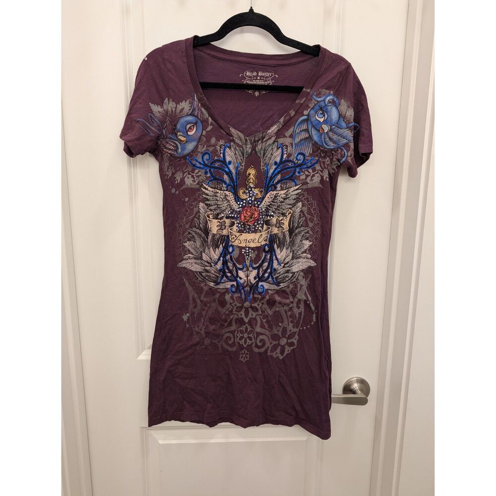 Brad Butter Top Medium Purple Rhinestone Bluebirds Angel Graphic Y2K Tee